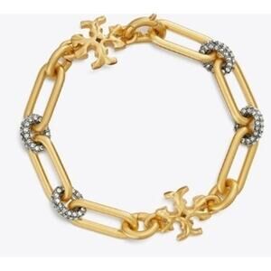 NEW Tory Burch Roxanne Chain Pave Bracelet Antique Gold Black Crystal Logo Bold